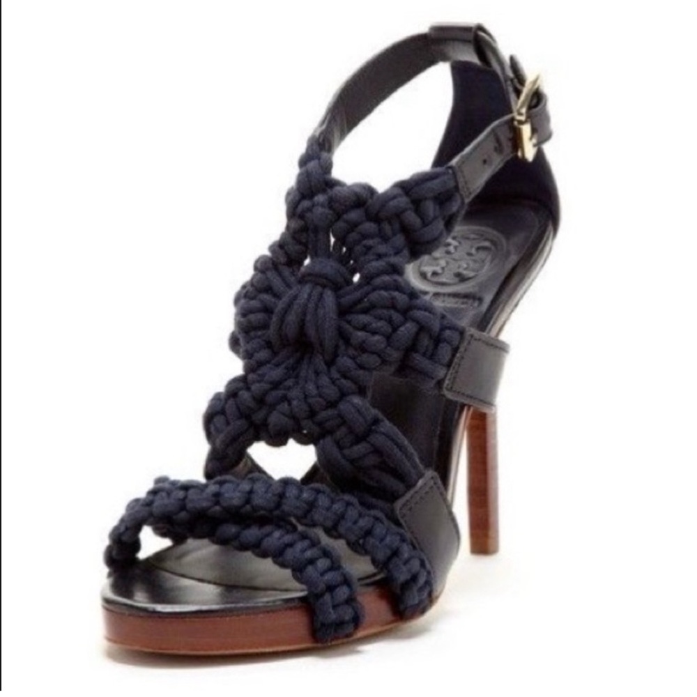 Tory Burch Fleur Stiletto Wood Heels in Navy Macramé Size 9.5 NIB *NEVER WORN*